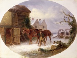雪の中で納屋に馬を導く少年